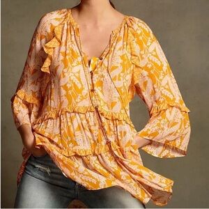 Anthropologie Mia Tiered Ruffled Tunic Top Orange Size Medium